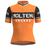 The Womens Molteni Orange Retro Cycling Jersey Set, inspired by Eddy Merckx, features MOLTENI ARCORE on the front. It has black sleeves, a collar with rainbow-striped cuffs and edge, and a front zipper. Complete your cycling outfit with this striking set today!.
