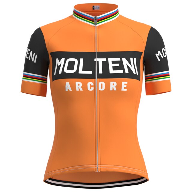 The Womens Molteni Orange Retro Cycling Jersey Set, inspired by Eddy Merckx, features MOLTENI ARCORE on the front. It has black sleeves, a collar with rainbow-striped cuffs and edge, and a front zipper. Complete your cycling outfit with this striking set today!.