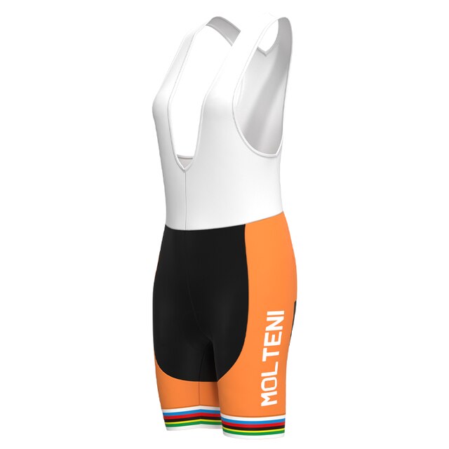 The Womens Molteni Orange Retro Cycling Jersey Set bib shorts feature a striking white upper and black-orange lower, with MOLTENI on the right thigh and iconic striped bands at the hem, embodying Eddy Merckxs legendary style.