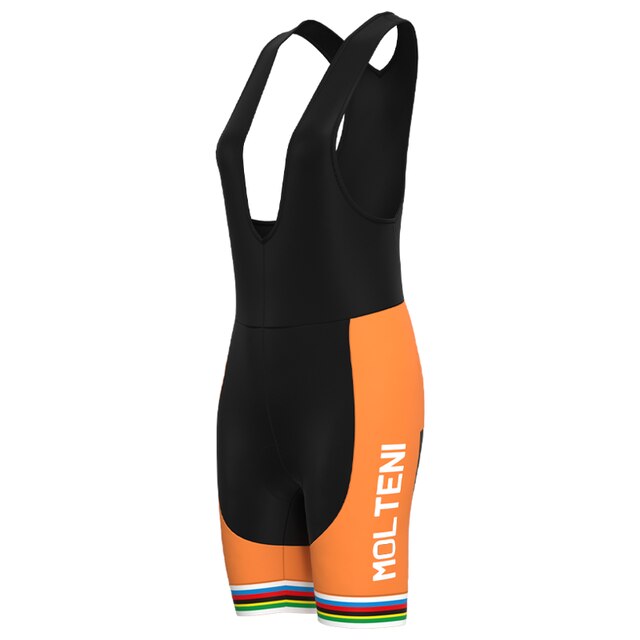 Inspired by the Womens Molteni Orange Retro Cycling Jersey Set, these bib shorts feature black shoulder straps and an orange design with MOLTENI printed vertically in white. The leg cuffs are adorned with green, red, black, and blue stripes.
