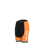 These orange and black cycling shorts, from the Womens Molteni Orange Retro Cycling Jersey Set, have MOLTENI vertically on the side and striped trim in blue, green, red, and white for an Eddy Merckx-inspired look.