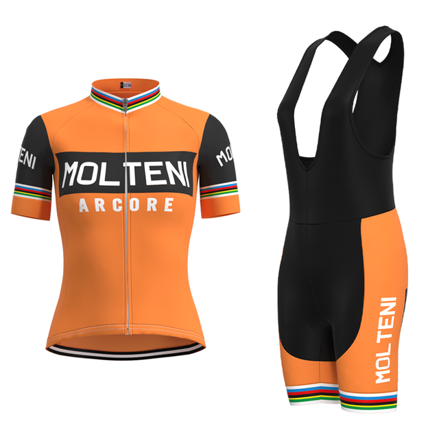 Discover the Womens Molteni Orange Retro Cycling Jersey Set, echoing Eddy Merckxs era with an orange short-sleeve jersey that features Molteni Arcore text and black details. It pairs with stylish black bib shorts, both enhanced by bold striped accents for a timeless look.