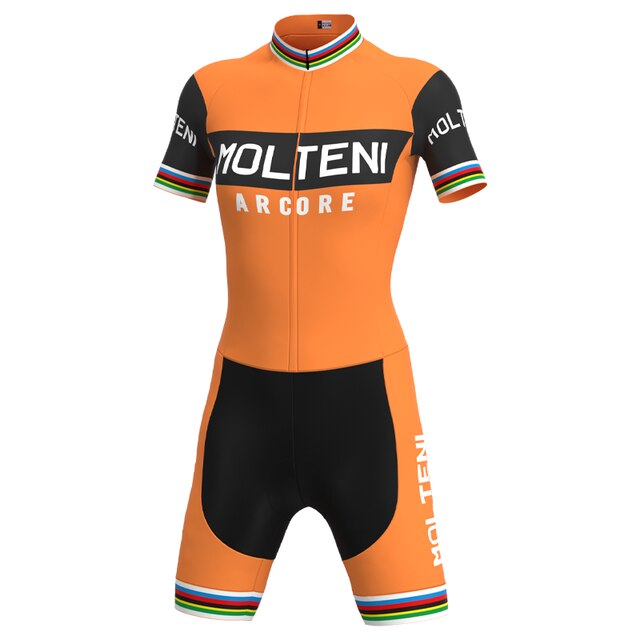 The Womens Molteni Orange Retro Cycling Jersey Set captures the iconic style with its orange and black design, featuring MOLTENI ARCORE on the front and sleeves. Striped hems in green, red, yellow, black, and blue complete the tribute to Eddy Merckxs renowned cycling legacy.