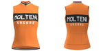 The Womens Molteni Orange Retro Cycling Jersey Set showcases front and back views of a sleeveless jersey with MOLTENI ARCORE in bold print, black hems, multicolored collar trim, and a design inspired by the legendary Eddy Merckx.