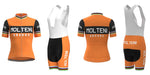 Inspired by Eddy Merckx, the Womens Molteni Orange Retro Cycling Jersey Set features an orange jersey with black sleeves, MOLTENI ARCORE text, and green, red, yellow, and blue stripes. The matching black bib shorts have white straps and MOLTENI on the side.