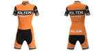 The Womens Molteni Orange Retro Cycling Jersey Set features vibrant orange color, MOLTENI ARCORE in black and white, rainbow stripes on the sleeves and collar, an Eddy Merckx-inspired design, and convenient back pockets for essentials.