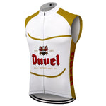The Duvel Beer White Retro Cycling Vest is a sleeveless lightweight polyester jersey featuring a white front with gold side panels. It displays Duvel in red, a classic crest, and Anno 1871 with the phrase Quality Brewers Since 1871, and has a center zipper.