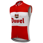 The Duvel Beer Red Retro Cycling Vest is a red and white sleeveless jersey featuring Duvel with a central coat of arms design, commemorating Anno 1871 and Brewers since 1871, celebrating the rich heritage of the classic Belgian beer.