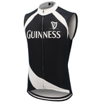 Explore the lightweight Guinness Black Cycling Vest, a sleek sleeveless jersey crafted for performance. It features a zip-up front and displays Guinness with a harp logo on a black background accented in white.