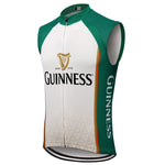 The Guinness Green White Cycling Vest is a lightweight polyester sleeveless jersey featuring iconic Guinness branding in green, white, and gold. It includes a full-length front zipper, harp logo on the chest, green side panels with vertical Guinness text, and a geometric pattern at the bottom for a retro look.