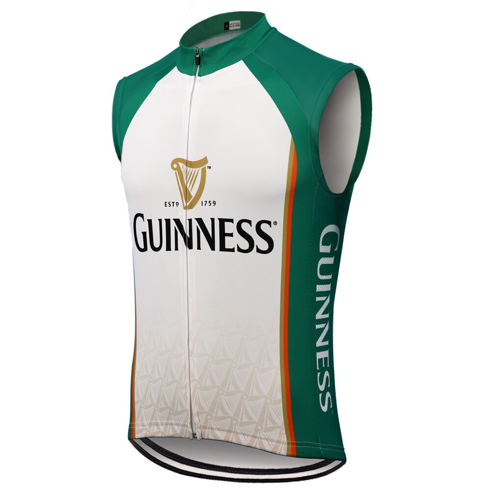 The Guinness Green White Cycling Vest is a lightweight polyester sleeveless jersey featuring iconic Guinness branding in green, white, and gold. It includes a full-length front zipper, harp logo on the chest, green side panels with vertical Guinness text, and a geometric pattern at the bottom for a retro look.