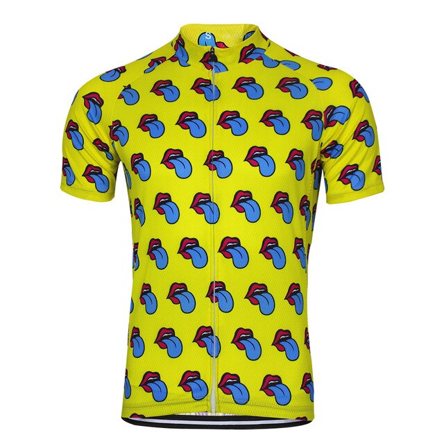 The Rolling Stones Lips Cycling Jersey showcases a bright yellow design adorned with blue lips and red tongues, covering the entire short-sleeved piece. Crafted from breathable fabric for comfort, it features a convenient front zipper.