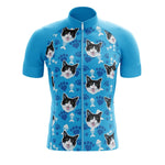 Introducing our Blue Cats Cycling Jersey, made from lightweight polyester with a whimsical design featuring cartoon black and white cat faces, fish bones, and paw prints. Its the perfect blend of fun and functionality for your next ride.