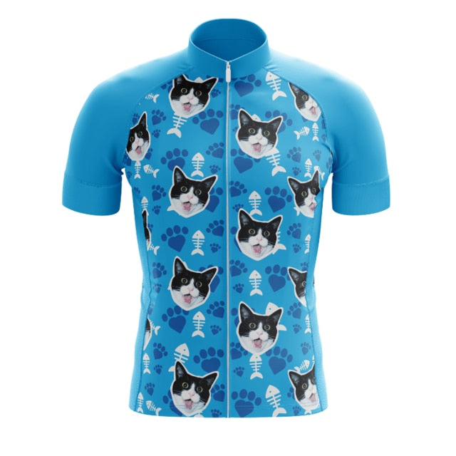 Introducing our Blue Cats Cycling Jersey, made from lightweight polyester with a whimsical design featuring cartoon black and white cat faces, fish bones, and paw prints. Its the perfect blend of fun and functionality for your next ride.
