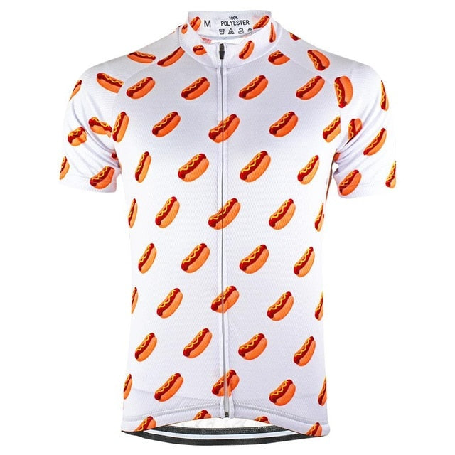 The Hot Dogs Cycling Jersey is made from lightweight polyester and showcases a playful cartoon hot dog pattern, perfect for adding fun to your ride while ensuring comfort and breathability.