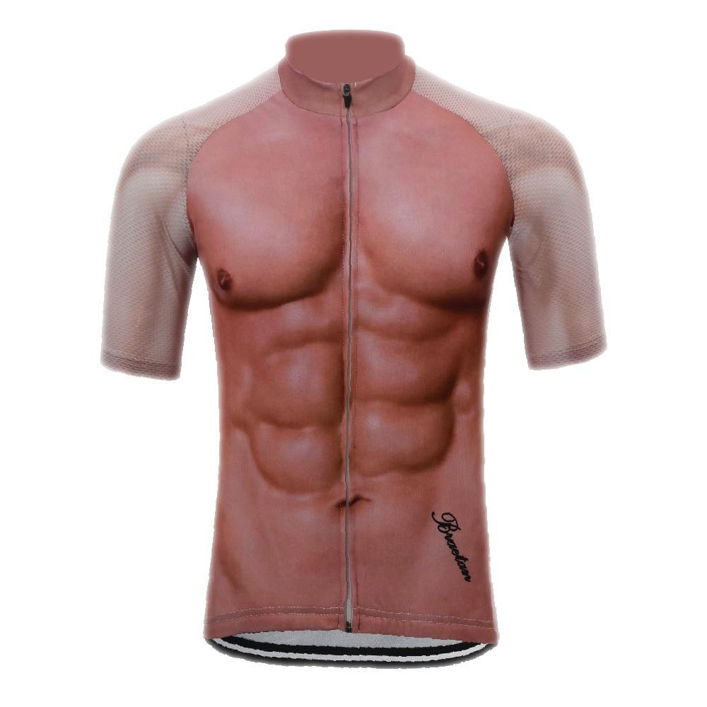 The Six Pack Cycling Jersey, designed from lightweight polyester for performance, features a muscular human torso design with detailed abs and chest muscles. It includes mesh sleeves and a front zipper for enhanced comfort and style.