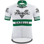 The Frisol Gazelle Retro Cycling Jersey features black FRISOL and GAZELLE logos with sleek green stripes on the chest, sleeves, and collar. It captures the classic racing spirit against a pristine white background, reminiscent of iconic races like Milan–San Remo.