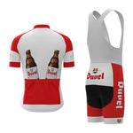 The Duvel Beer Retro Cycling Jersey Set features a retro jersey with Duvel branding and playful beer bottle images, paired with breathable black, red, and white shorts, combining classic flair with modern comfort for your ride.