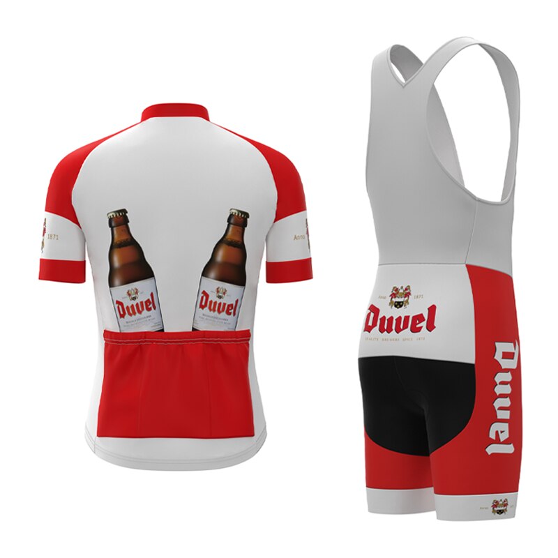 The Duvel Beer Retro Cycling Jersey Set features a retro jersey with Duvel branding and playful beer bottle images, paired with breathable black, red, and white shorts, combining classic flair with modern comfort for your ride.
