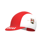 Retro-inspired red and white cycling cap, featuring an embroidered coat of arms and Anno 1873 on the side. The brim displays Puwel in white, echoing the classic style of the Duvel Beer Retro Cycling Jersey Set.