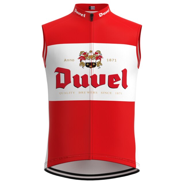 The Duvel Beer Retro Cycling Jersey Set in red and white features Duvel Beer, 1871, a crest, and the phrase Quality Brewers Since 1871.