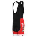 The Duvel Beer Retro Cycling Jersey Set includes cycling bib shorts with a retro design, featuring Duvel vertically on the right legs red section. With wide black straps and white-red trimmings, they offer both style and breathable comfort for every ride.
