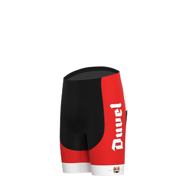 The Duvel Beer Retro Cycling Jersey Set features black and red cycling shorts with white Duvel text on the side, reminiscent of a retro jersey. The sleek design includes a white bottom band with a small hem logo, offering sporty style and breathable comfort for your ride.
