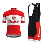 The Duvel Beer Retro Cycling Jersey Set includes a red and white jersey with a zipper front and logo for a vintage look, plus breathable shorts with black straps, red side panels, and iconic branding—ideal for biking enthusiasts.