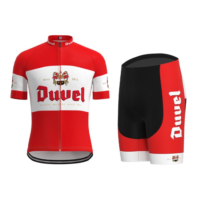 The Duvel Beer Retro Cycling Jersey Set includes a red and white jersey with the iconic Duvel logo and crest, featuring short sleeves and a full front zipper. The coordinating black and red breathable shorts also display the logo on the side.