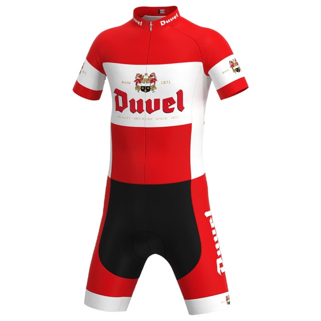 The Duvel Beer Retro Cycling Jersey Set includes a red and white skinsuit with Duvel on the chest and legs, featuring breathable shorts with logos and a black waist panel, reminiscent of classic cycling jerseys.