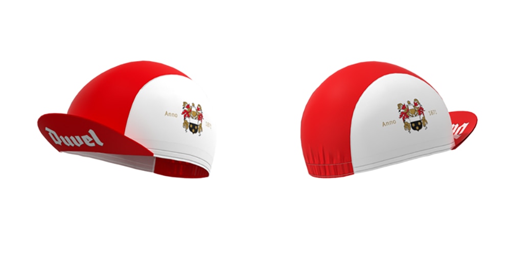 The Duvel Beer Retro Cycling Jersey Set includes two caps with a retro red and white design. The left cap features Duvel on the brim, linking to Duvel Beer, while both display a crest and Anno 1871 on the side.