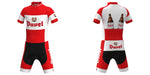 The Duvel Beer Retro Cycling Jersey Set features a vibrant red, white, and black design with the Duvel logo. It includes printed pockets showcasing two beer bottles and breathable shorts for a sporty look, with front and back views highlighting the detailed craftsmanship.