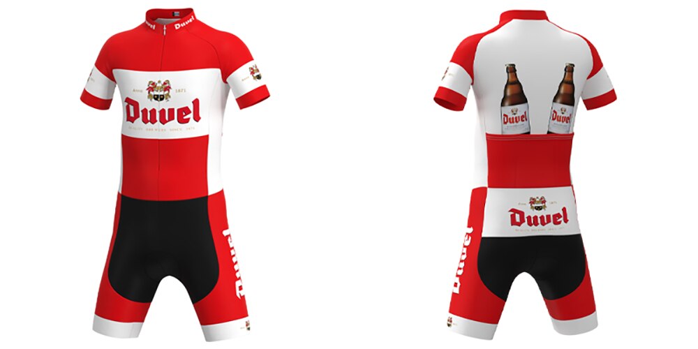 The Duvel Beer Retro Cycling Jersey Set features a vibrant red, white, and black design with the Duvel logo. It includes printed pockets showcasing two beer bottles and breathable shorts for a sporty look, with front and back views highlighting the detailed craftsmanship.