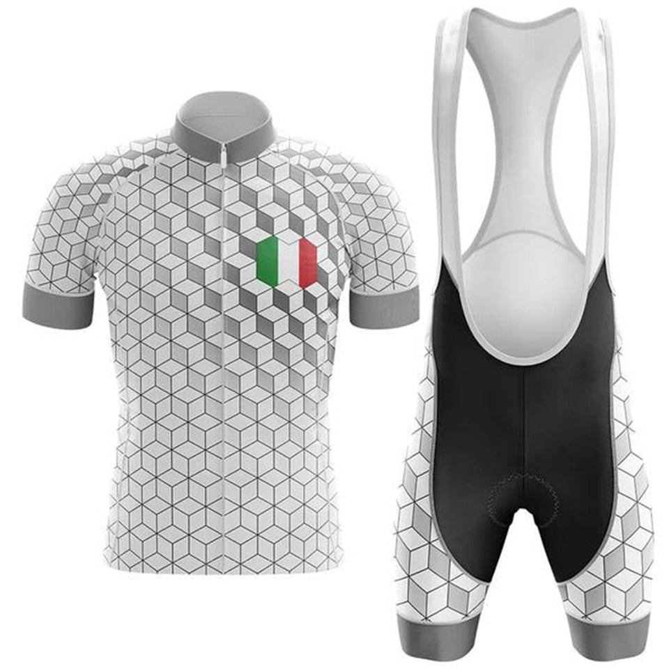 The Italy Pro Team Cycling Jersey Set includes a lightweight polyester jersey with a gray geometric cube pattern on a white short-sleeve design, an Italian flag patch on the chest, and black bib shorts with gel seat pads featuring matching cube patterns on the thighs.