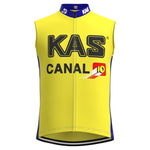 This sleeveless KAS Canal Retro Cycling Jersey Set in bright yellow with blue sides features a bold KAS above CANAL and a red-and-yellow striped oval with 10, embodying vintage cycling style.