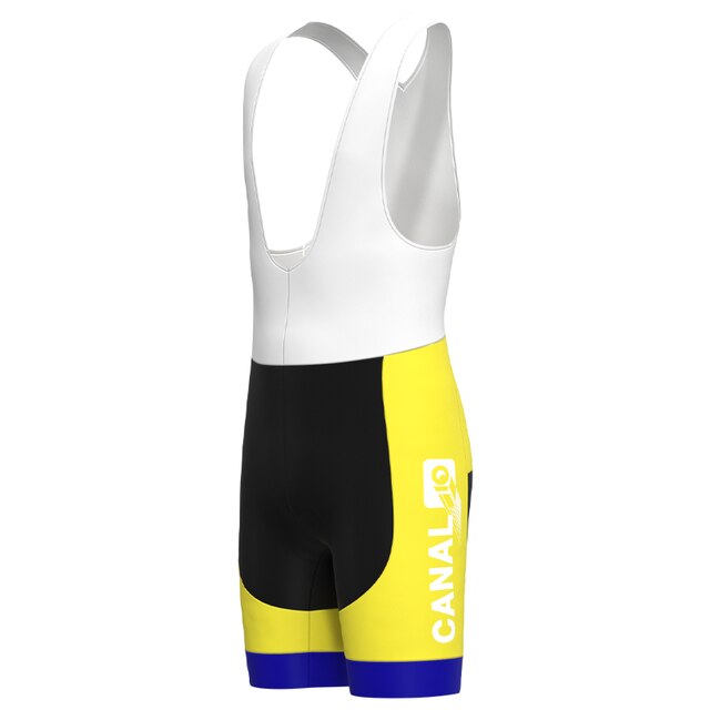The KAS Canal Retro Cycling Jersey Set features breathable bib shorts with a white upper and black, yellow, and blue design. CANAL49 is printed in white on the yellow side panels, enhancing its vintage cycling aesthetic.