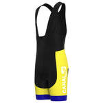 The KAS Canal Retro Cycling Jersey Set includes breathable bib shorts in black, yellow, and blue blocks inspired by the classic design, featuring shoulder straps with Canal and 49 in white text.