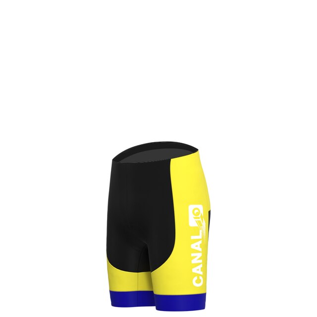 The KAS Canal Retro Cycling Jersey Set evokes a vintage cycling appeal with black, yellow, and blue shorts featuring CANAL and the number 49 in white. Its design combines sleek modern color blocking with breathable material for ultimate performance.