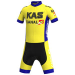 The KAS Canal Retro Cycling Jersey Set features a yellow and black jersey with KAS and CANAL 10 logos, blue-accented sleeves, and logo details. Its sleek design is ideal for professional teams wanting high-performance, breathable gear.