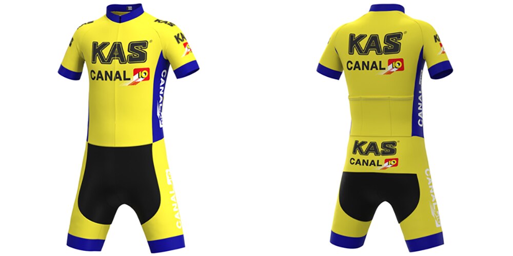 The KAS Canal Retro Cycling Jersey Set showcases a vintage design with iconic KAS and CANAL 10 logos. This yellow and black jersey features blue accents on the sleeves, sides, and trim, with short sleeves and a zippered front, exuding classic cycling style from both front and back views.