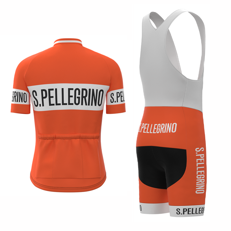 The San Pellegrino Retro Cycling Jersey Set includes an orange jersey with a front zipper, three back pockets, and bib shorts with a white upper. Made from lightweight polyester, both pieces showcase the iconic brand name.