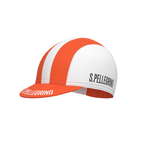 The San Pellegrino Retro Cycling Jersey Set includes a lightweight polyester cycling cap with bold white and orange stripes and S. Pellegrino in black on the side and brim. Its classic design features a short, curved brim for effortless style.