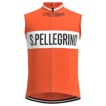 The San Pellegrino Retro Cycling Jersey Set is made of lightweight polyester, featuring an orange sleeveless design with a high collar, bold S. PELLEGRINO text on a white stripe, breathable fabric, full front zipper, and black hem details.