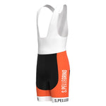 The San Pellegrino Retro Cycling Jersey Set includes cycling bib shorts with a lightweight polyester design, featuring a sleeveless white upper and black-orange bottom. The side displays S. Pellegrino in white on orange, and the leg opening showcases S. PELLEGRINO in black on a white band.