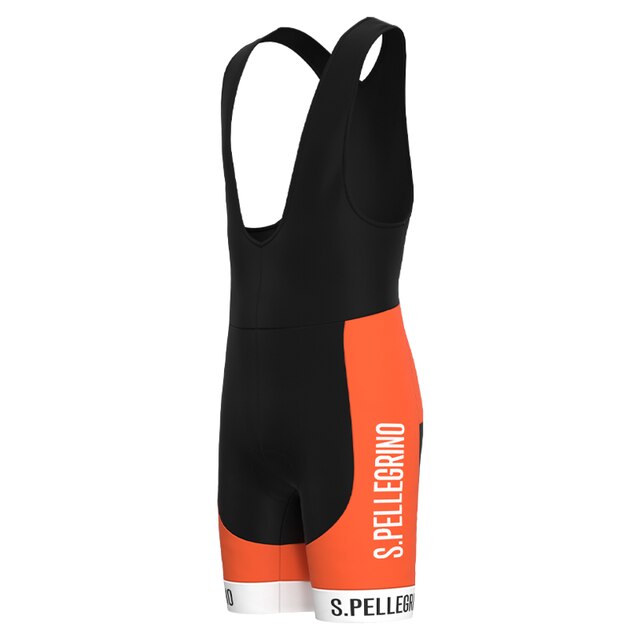 The San Pellegrino Retro Cycling Jersey Set includes black and orange bib shorts with S. Pellegrino printed vertically in white on the orange side panels. Made from lightweight polyester, they feature wide shoulder straps, a breathable design, and a white leg band with matching black text.