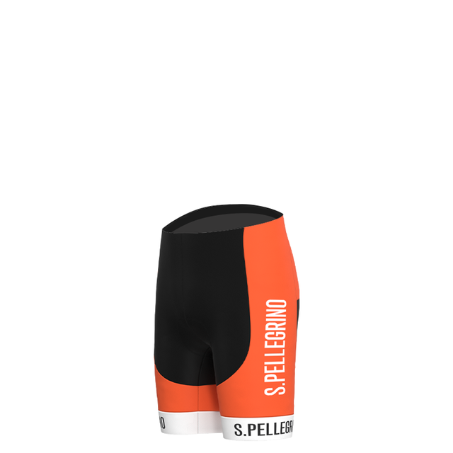 The San Pellegrino Retro Cycling Jersey Set includes cycling shorts featuring orange and black panels made from lightweight polyester for breathability. S.PELLEGRINO is printed vertically in white on the orange panel, matching perfectly with the coordinating jersey.