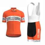 The San Pellegrino Retro Cycling Jersey Set includes an orange and white short-sleeve jersey with a front zipper, paired with black, white, and orange bib shorts. Both are made from lightweight polyester for breathable comfort.