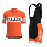 The San Pellegrino Retro Cycling Jersey Set includes an orange and black lightweight polyester jersey with bold white San Pellegrino text, paired with breathable black bib shorts featuring orange details and matching text.