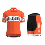 The San Pellegrino Retro Cycling Jersey Set includes a breathable, lightweight polyester jersey with S. Pellegrino in white bands and a front zipper, paired with black shorts accented with orange details for a cohesive look.
