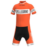 Wear the San Pellegrino Retro Cycling Jersey Set, made from breathable polyester. This vibrant orange set features black and white accents with S. Pellegrino text adorning the chest, sleeves, bands, and shorts for a stylish cycling experience.